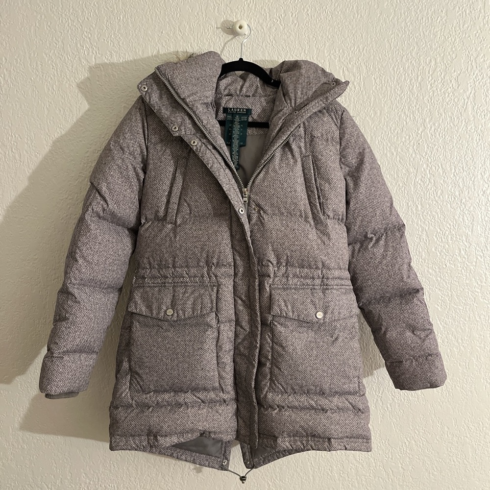 Grey Woman’s Ralph Lauren faux fur puffer coat with detachable hood. Size M,
